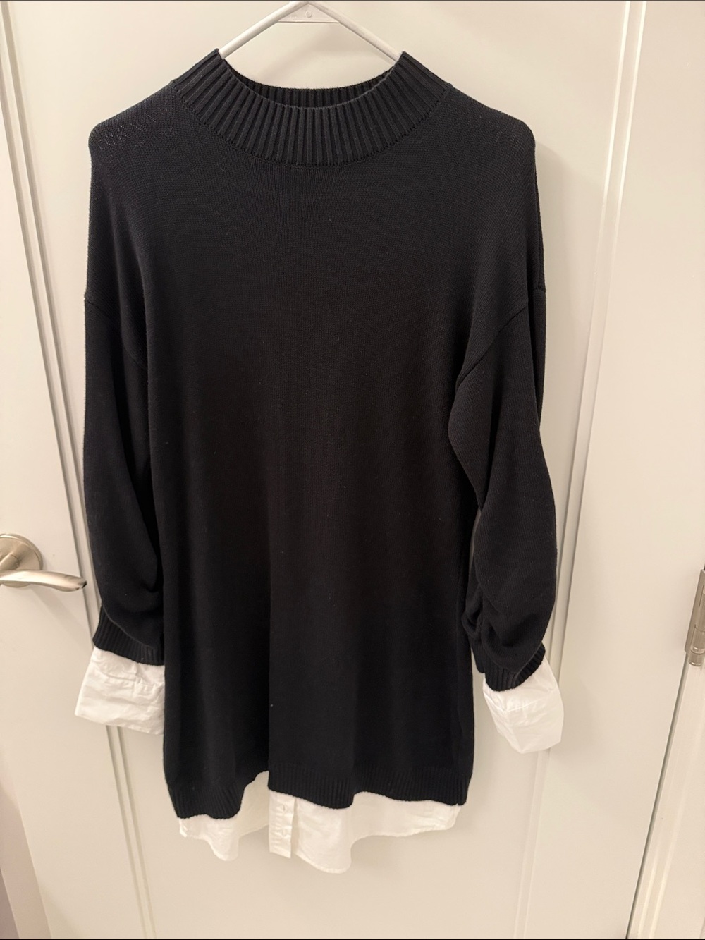 Central Park West Black Layered-Look Knit Sweater with White Shirt Hem